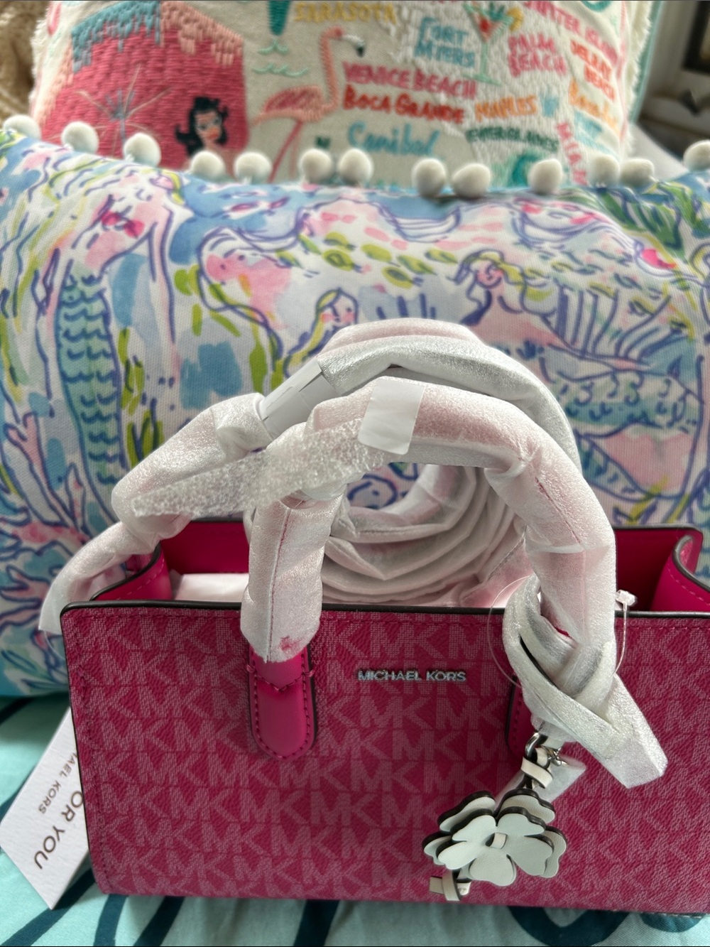 Michael Kors Hot Pink MK Logo Satchel with Flower Charm